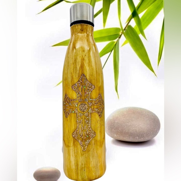 Faith 17oz water bottle, hand painted wood grain, gold & gemstone glitter inlays - Picture 9 of 12